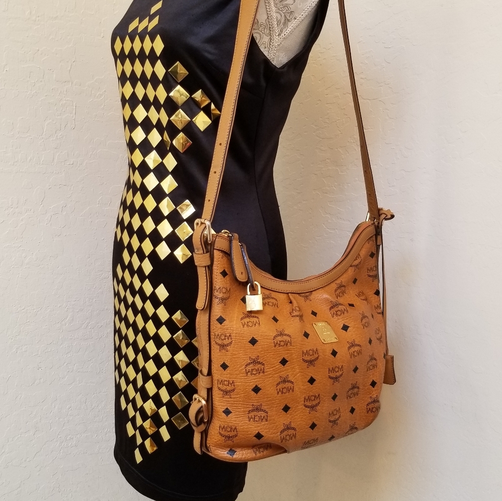 MCM Cognac Monogram Leather Shoulder Bag with Gold Hardware
